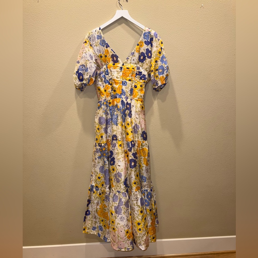 & OTHER STORIES LINEN BLEND BUSTIER MIDI DRESS IN FLORAL